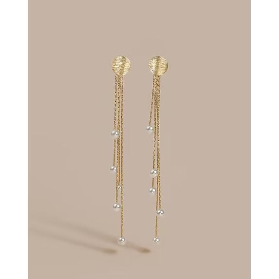 SNGIA 18K Gold Plated Pearl Tassel Drop Earrings for Women, White Dangle Statement Jewelry