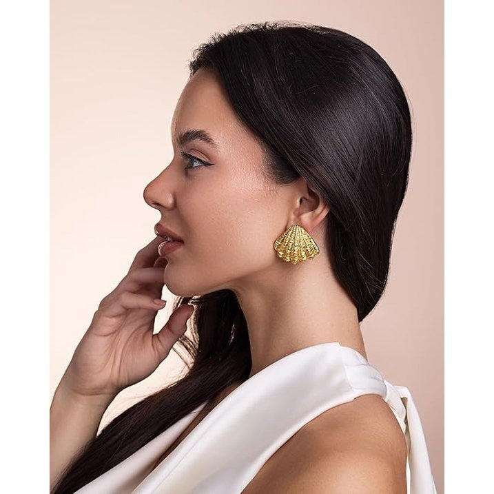 Gold Tone Textured Shell Stud Earrings for Women, Statement Fan Shape Post Back