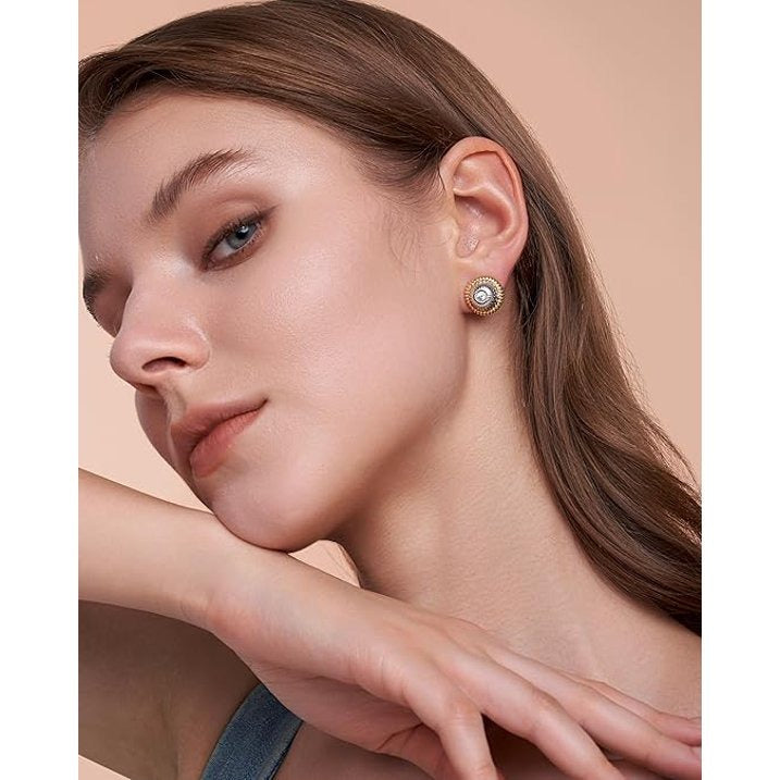 SNGIA Gold and Silver Tone Stud Earrings for Women with CZ Center, Ribbed Floral Statement Style