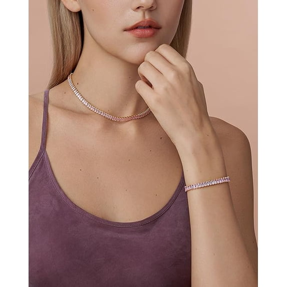 18K Gold Plated Adjustable Tennis Bracelet for Women, Baguette CZ - Rose