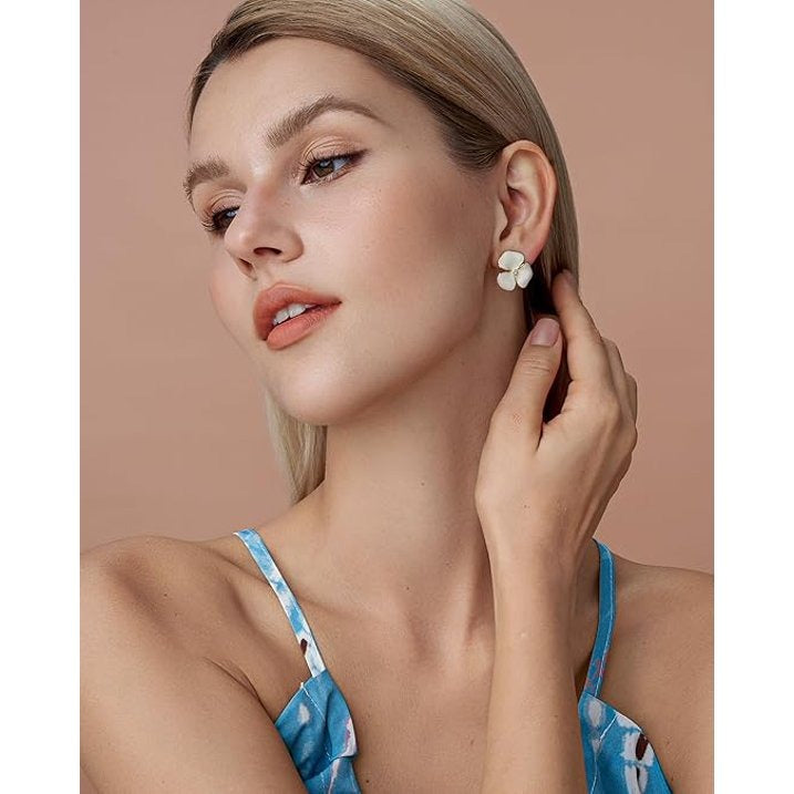 SNGIA 18K Gold Plated Floral Stud Earrings, Enamel Petal Design with CZ Accent for Women