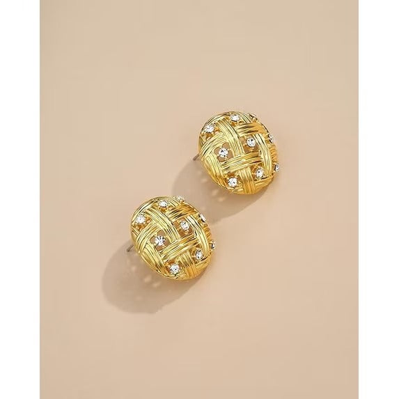 SNGIA 18K Gold Plated Round Stud Earrings with Clear CZ, Woven Lattice Design for Women
