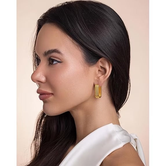 SNGIA 18K Gold Plated Ribbed Oval Hoop Earrings for Women, Chunky Geometric Statement Studs