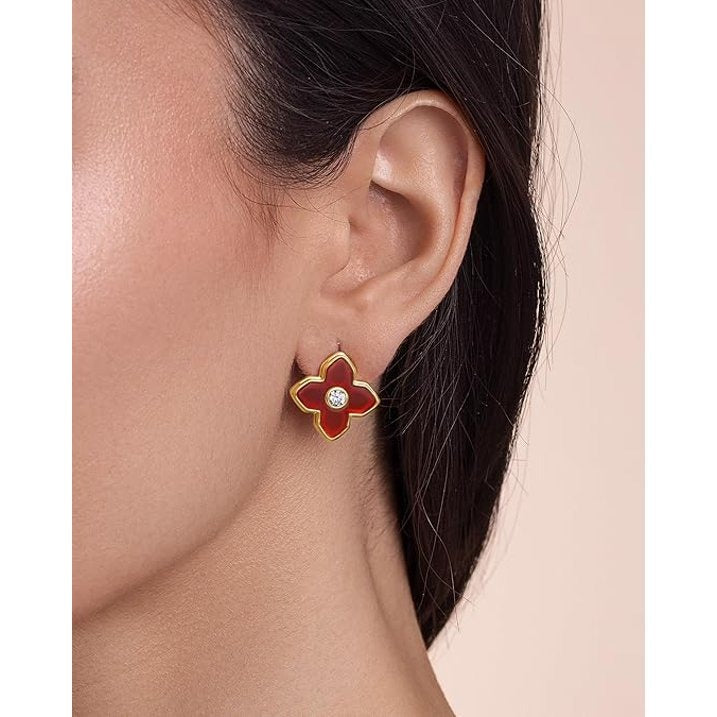 SNGIA 18K Gold Plated Red Enamel Four Leaf Clover Stud Earrings with CZ Accent for Women