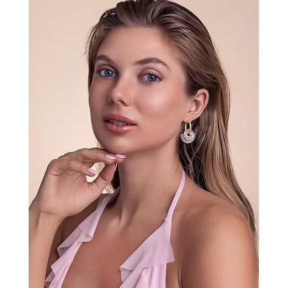 SNGIA 18K Gold Plated Pink Teal Enamel Geometric Disc Hoop Drop Earrings for Women