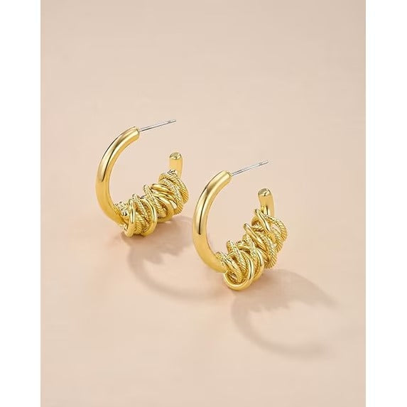 SNGIA 18K Gold Plated Twisted Textured Open Hoop Statement Earrings for Women