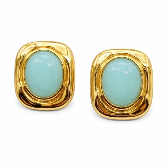 Women’s Gold-Tone Oval Stone Statement Earrings, Turquoise Brown Light Blue Cabochon Studs