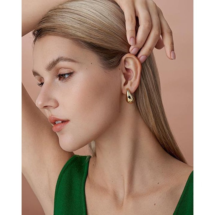 SNGIA 18K Gold Plated Teardrop Stud Earrings, Chunky Water Drop Design, 3 Sizes for Women