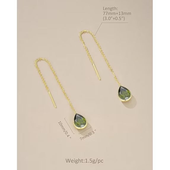 SNGIA 18K Gold Plated Threader Dangle Earrings for Women with Olive Teardrop Stone
