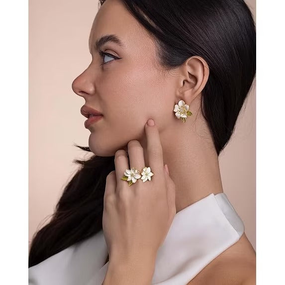 SNGIA White Enamel Floral Stud Earrings with Green Leaf Detail, 18K Gold Plated, CZ Accent