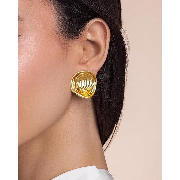 SNGIA 18K Gold Plated Leaf Dangle Earrings for Women, Textured Ribbed Statement Stud Earrings