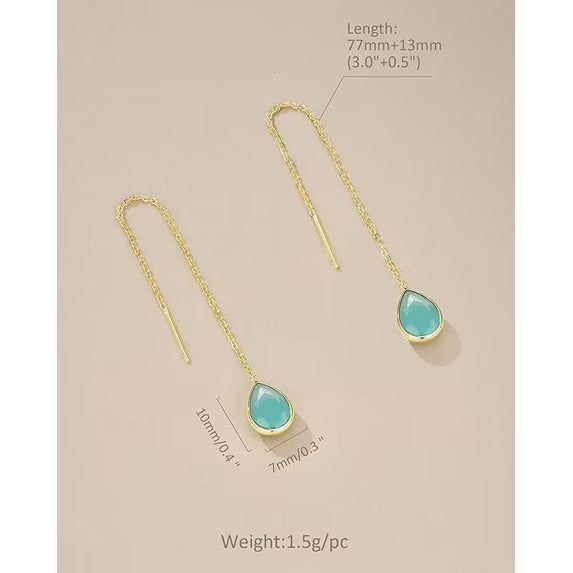 SNGIA 18K Gold Plated Threader Dangle Earrings for Women with Lagoon Teardrop Stone