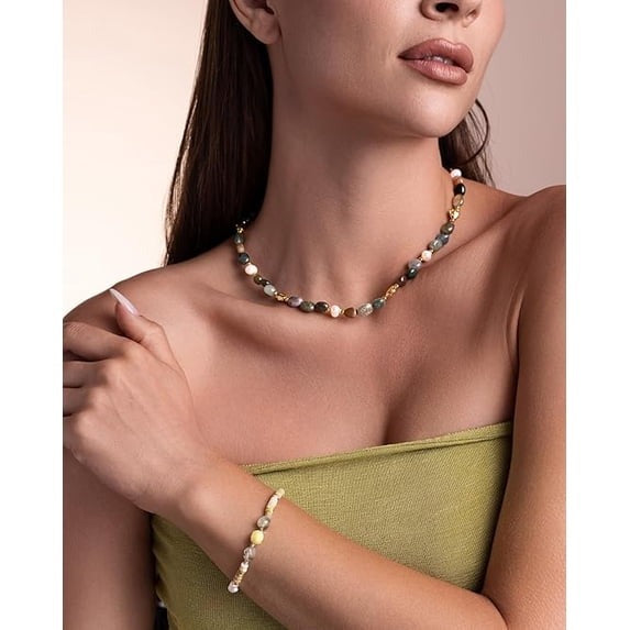 SNGIA 18K Gold Plated Multicolor Natural Stone Beaded Choker Necklace for Women