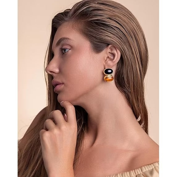 SNGIA Gold Tone Black and Orange Resin Statement Stud Earrings for Women, Round Double Drop Design