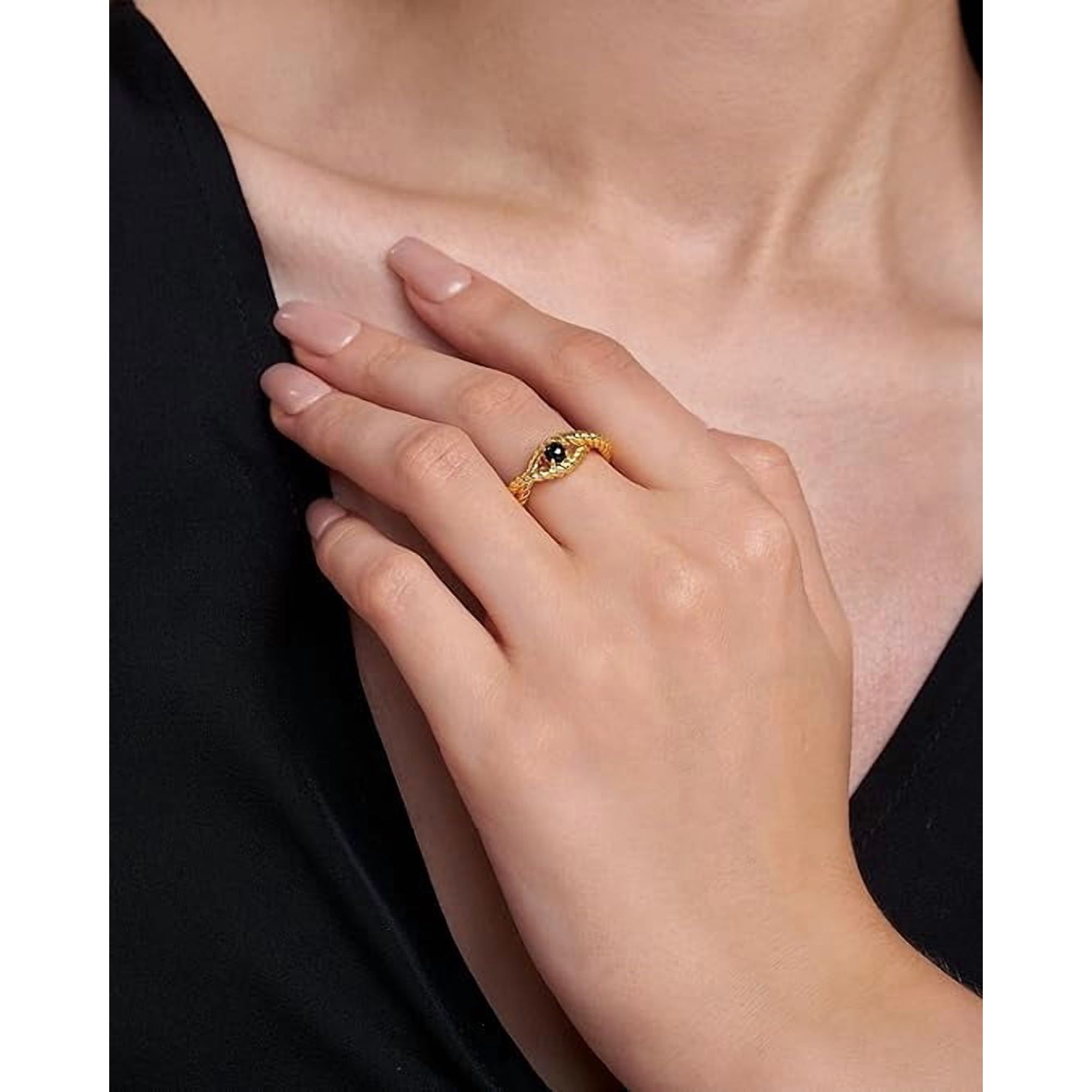 18K Gold Plated Adjustable Open Ring with Black Onyx Style Stone for Women