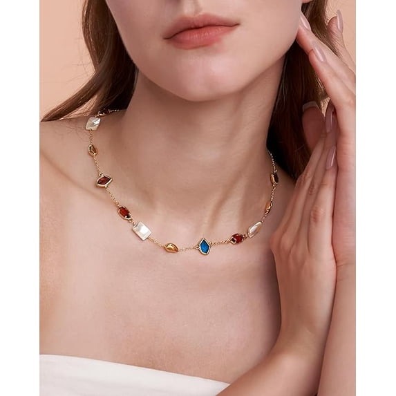 SNGIA 18K Gold Plated Colorful Irregular Gemstone Beaded Choker Necklace for Women