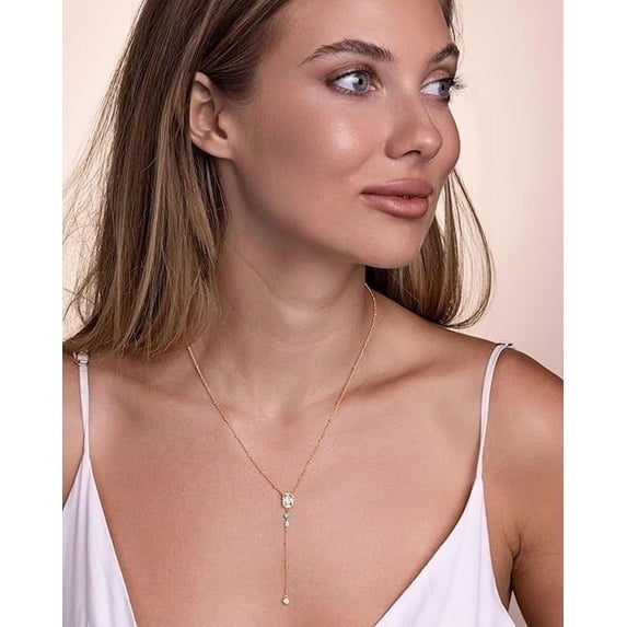 18K Gold Plated Long Drop Pendant Necklace with Green CZ Stone Beaded Chain for Women