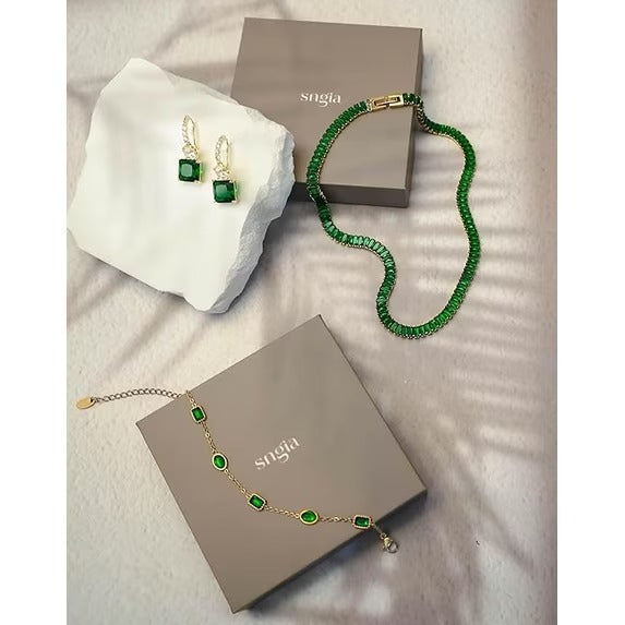 18K Gold Plated Green Statement Dangle Earrings with Square-Cut Stone for Women