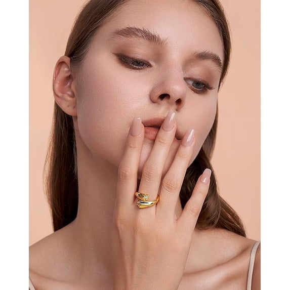 Gold Tone Adjustable Open Ring with Star CZ Accent for Women, Chunky Fashion Ring