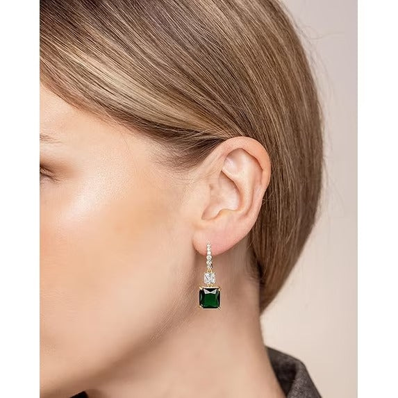18K Gold Plated Green Statement Dangle Earrings with Square-Cut Stone for Women