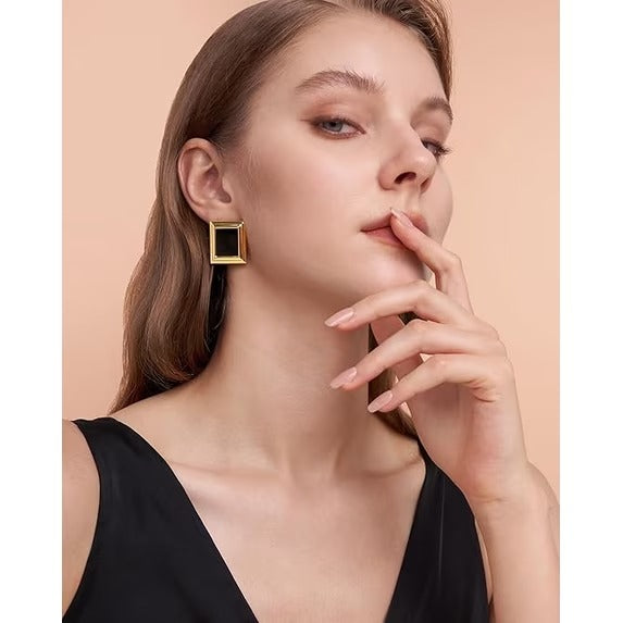SNGIA 18K Gold Plated Black Square Statement Dangle Stud Earrings for Women