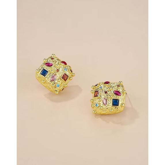 SNGIA 18K Gold Plated Colorful CZ Statement Stud Earrings for Women, Textured Geometric Design