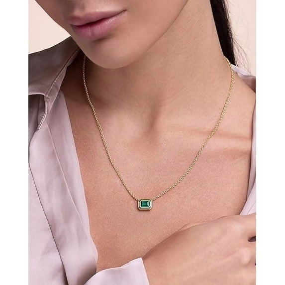 18K Gold Plated Green CZ Pendant Necklace Adjustable Chain Rectangle Gemstone for Women