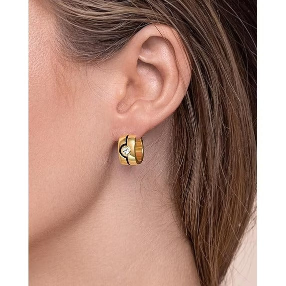 SNGIA 18K Gold Plated Huggie Hoop Earrings with CZ Accent and Black Detail for Women