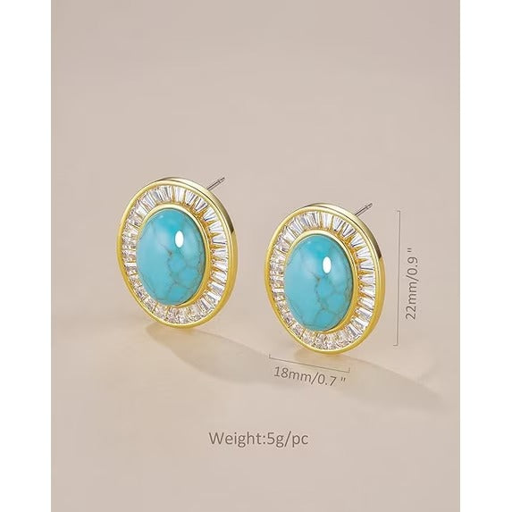 SNGIA 18K Gold Plated Oval Stud Earrings with CZ Halo, Statement Button Earrings for Women