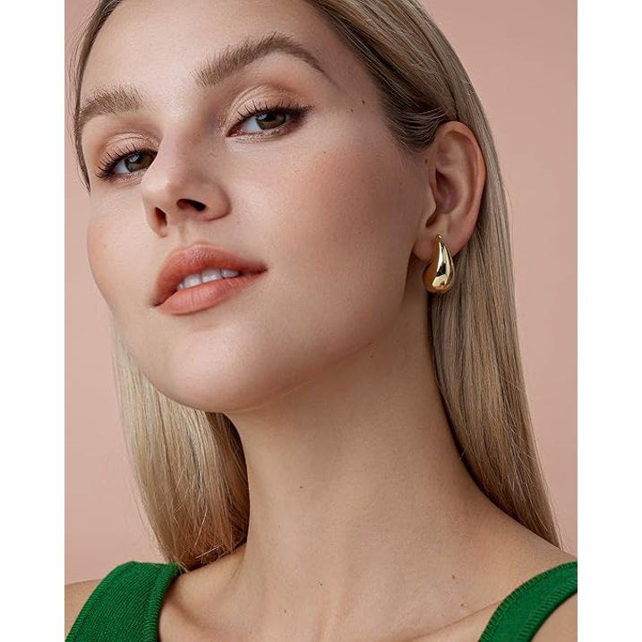 SNGIA 18K Gold Plated Teardrop Stud Earrings, Chunky Water Drop Design, 3 Sizes for Women