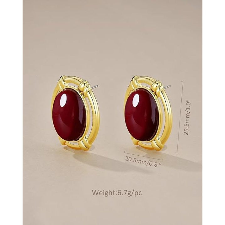 SNGIA Gold Plated Oval Wine Gemstone Stud Earrings Large Statement Button Design