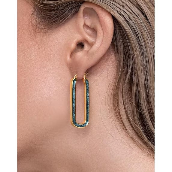 SNGIA 18K Gold Plated Long Oval Hoop Earrings with Green Teal Enamel for Women