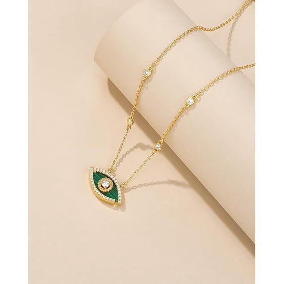 SNGIA 18K Gold Plated Evil Eye Pendant Necklace with Natural Stone and CZ for Women