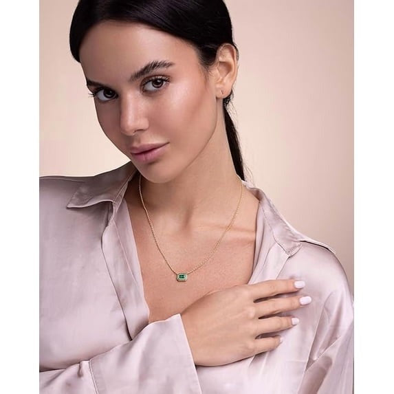 18K Gold Plated Green CZ Pendant Necklace Adjustable Chain Rectangle Gemstone for Women