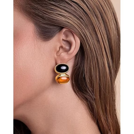SNGIA Gold Tone Black and Orange Resin Statement Stud Earrings for Women, Round Double Drop Design