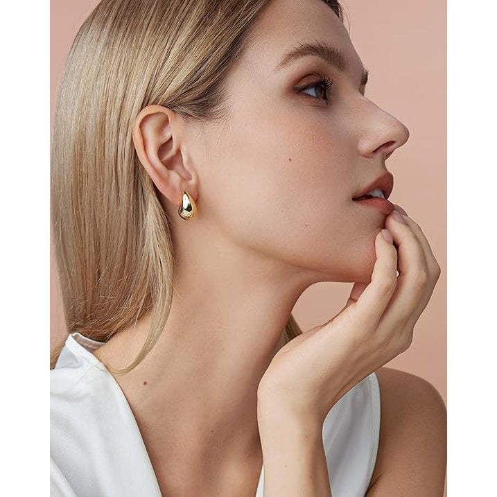 SNGIA 18K Gold Plated Teardrop Stud Earrings, Chunky Water Drop Design, 3 Sizes for Women