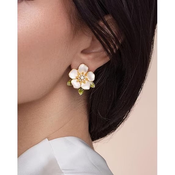 SNGIA White Enamel Floral Stud Earrings with Green Leaf Detail, 18K Gold Plated, CZ Accent