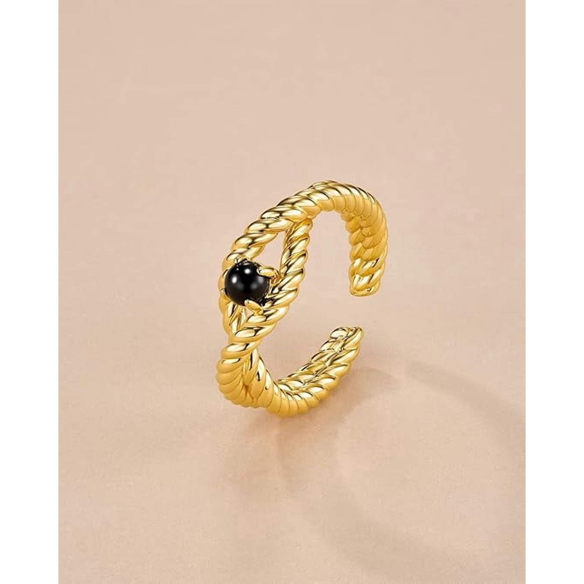 18K Gold Plated Adjustable Open Ring with Black Onyx Style Stone for Women