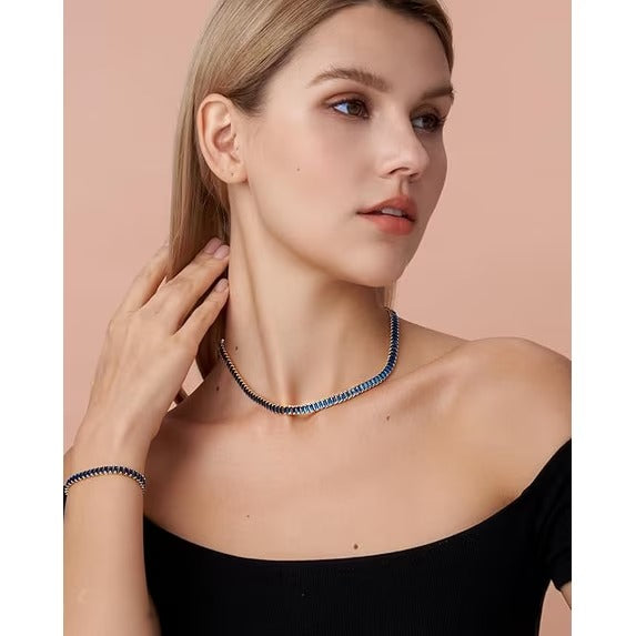 18K Gold Plated Blue Sapphire Baguette Crystal Tennis Choker Necklace for Women, Adjustable Statement Chain