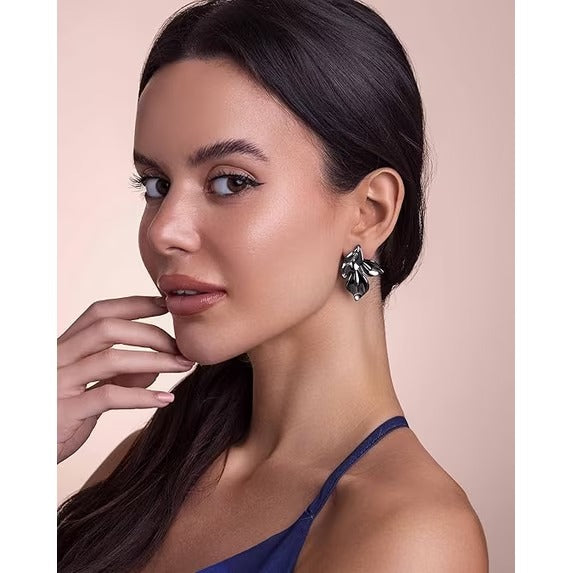 SNGIA 18K Gold Plated Two Tone Floral Dangle Earrings for Women, Grey Obsidian Petal Design