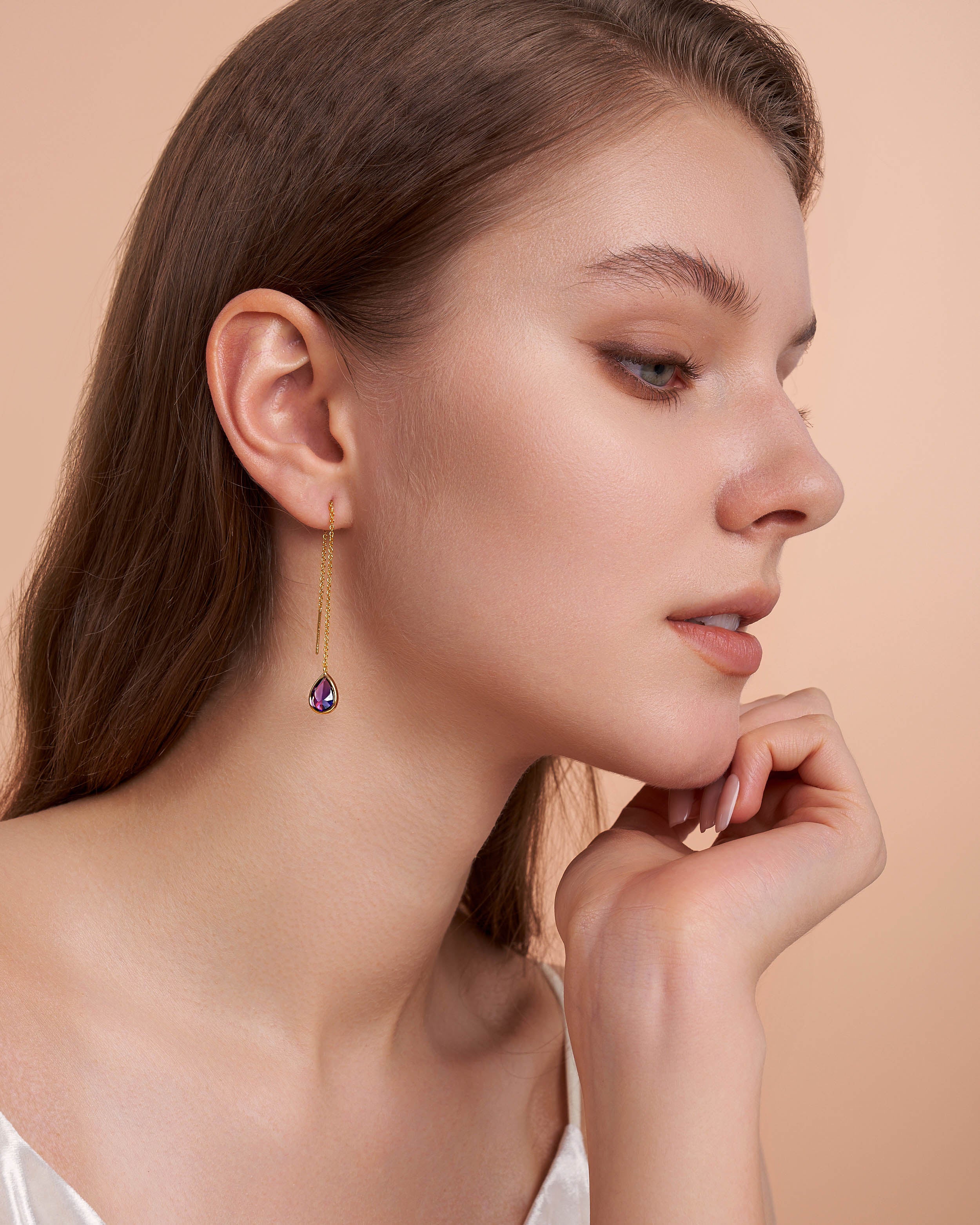Teardrop Threader Earrings In Gold Tone Purple Amethyst Style