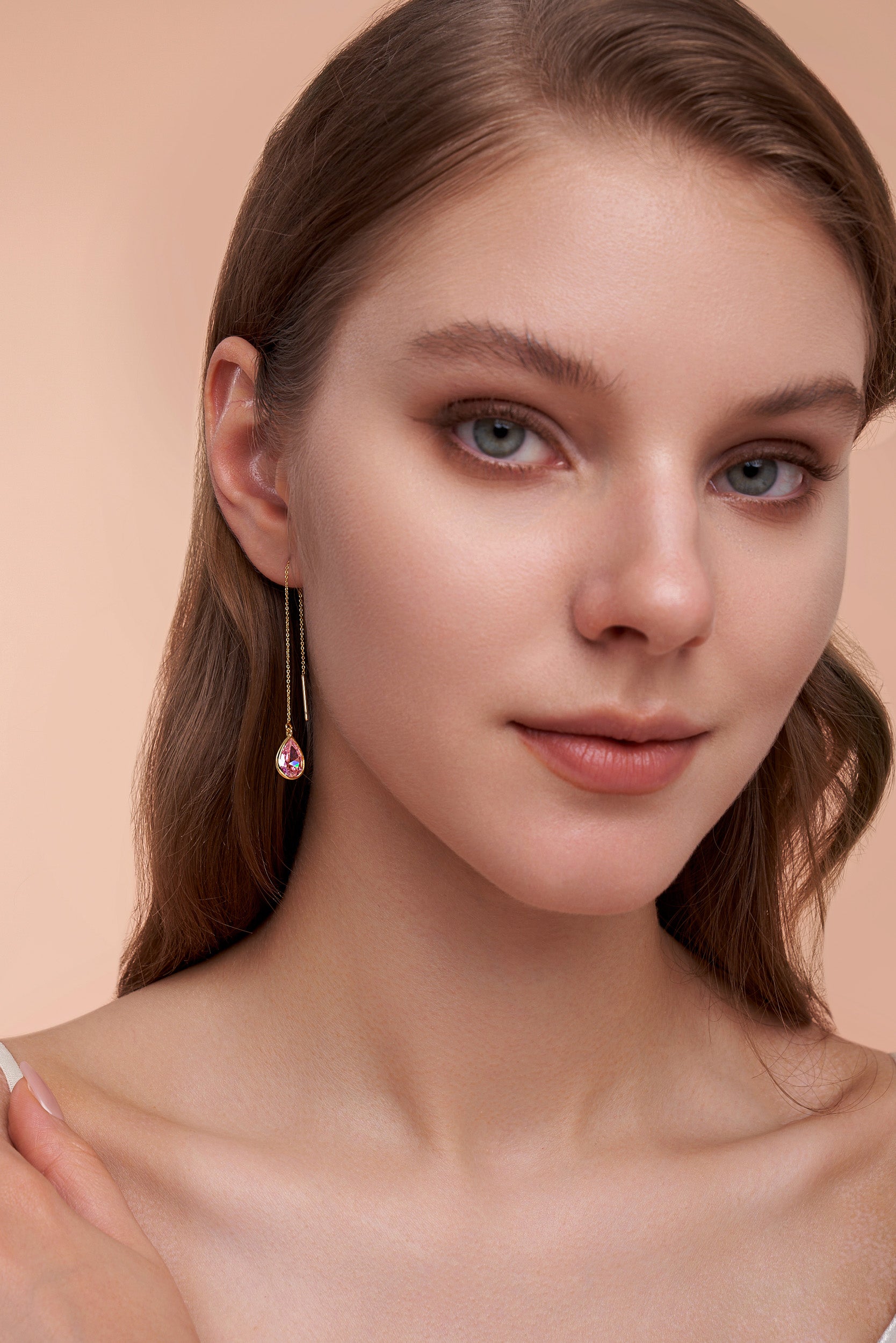 Teardrop Threader Earrings In Gold Tone Pink Accent Style