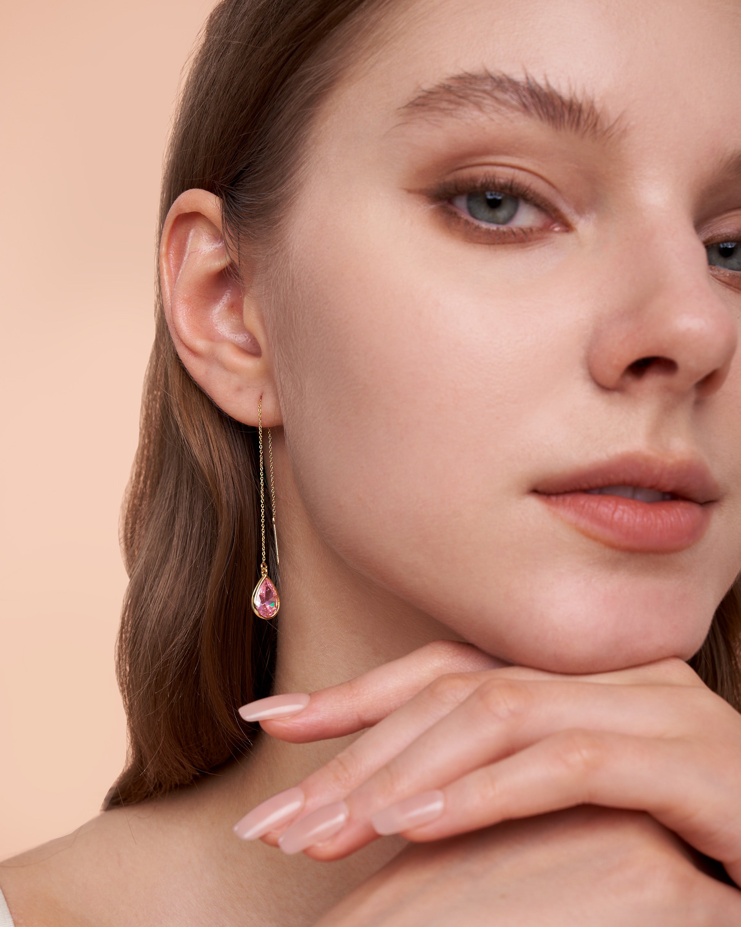 Teardrop Threader Earrings In Gold Tone Pink Accent Style