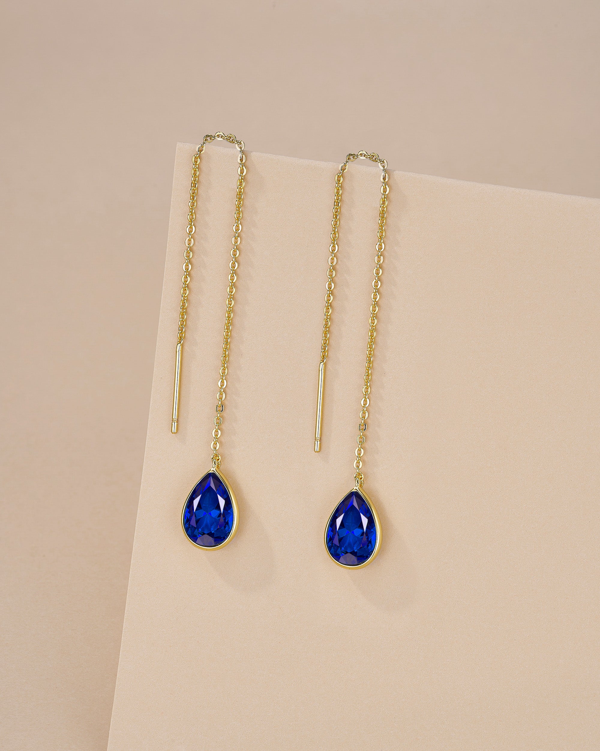 Teardrop Threader Earrings In Gold Tone Blue Simulated Stone Style