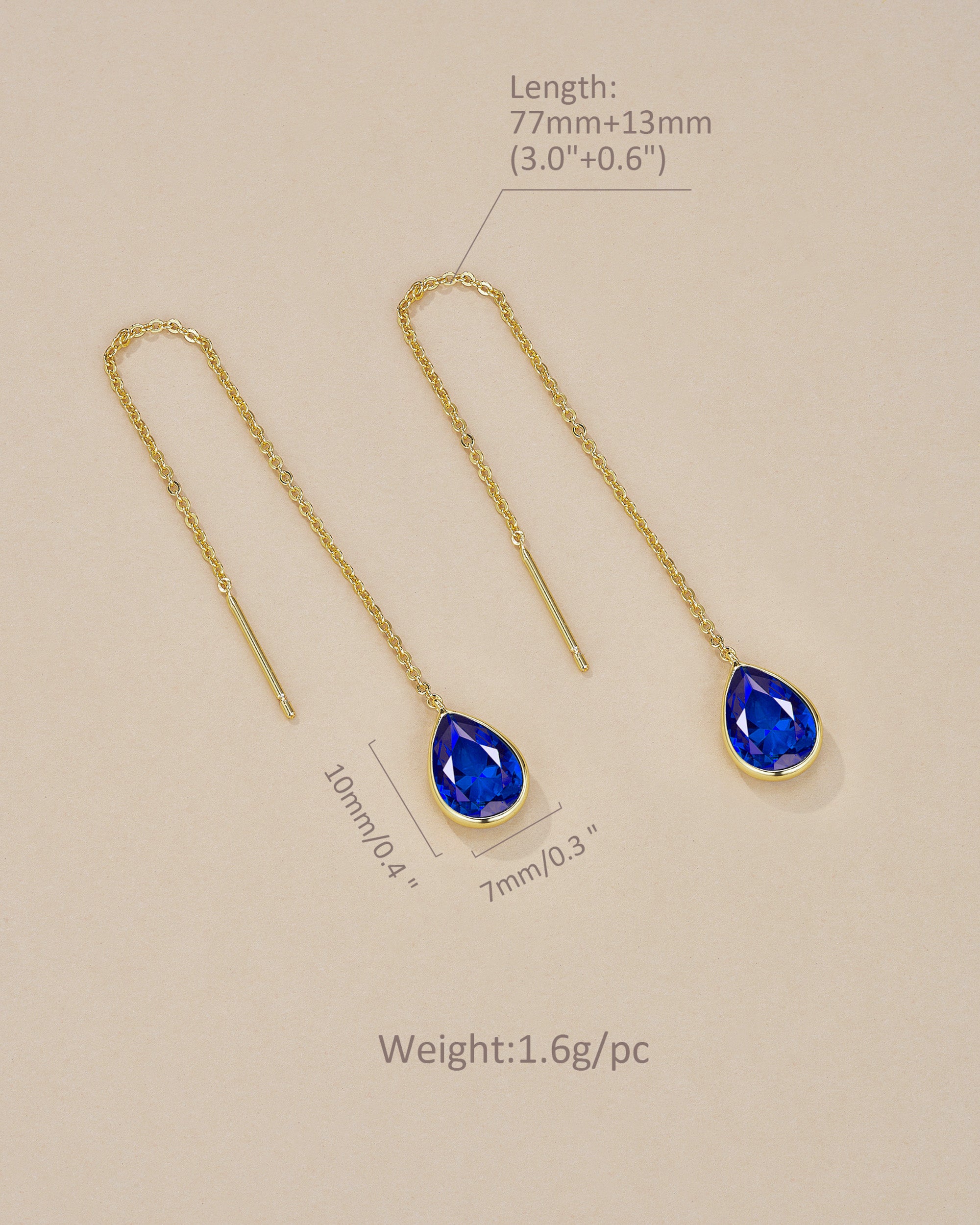 Teardrop Threader Earrings In Gold Tone Blue Simulated Stone Style