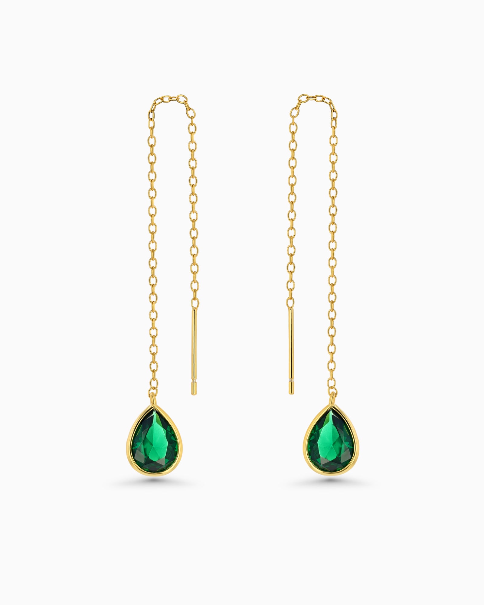 Gold Teardrop Threader Earrings - Emerald