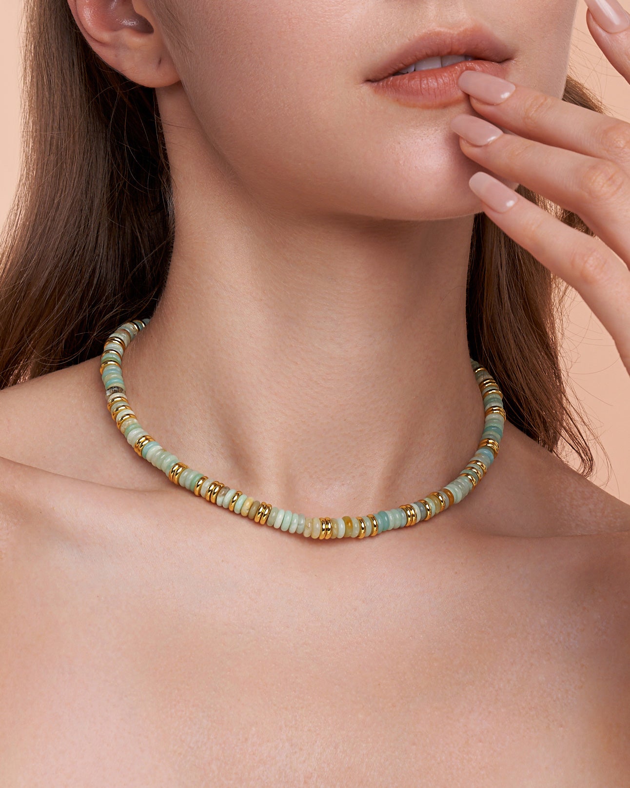 Gold Natural Stone Bead Necklace - Mist