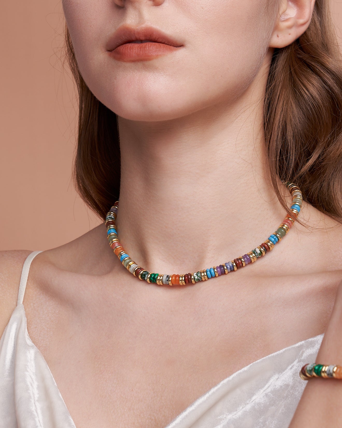 Natural Stone Style Bead Necklace In Gold Tone Earth Color