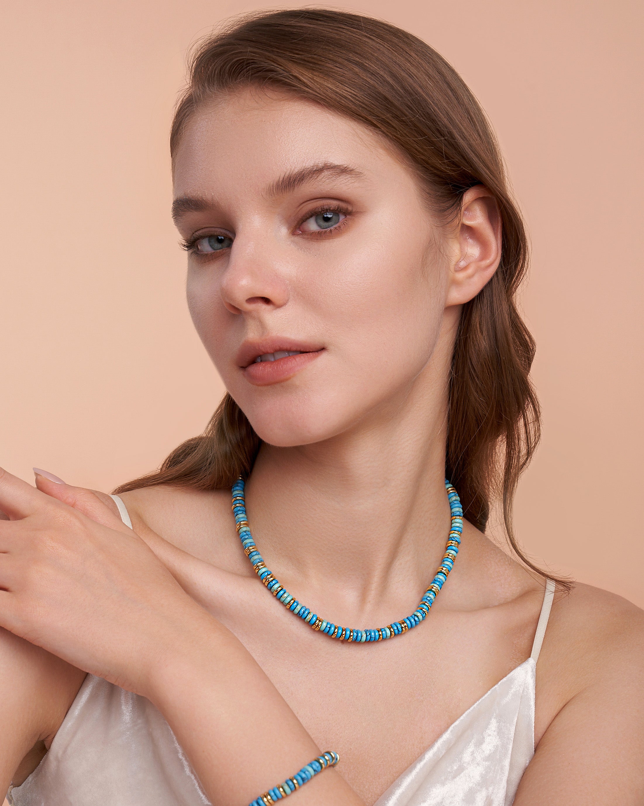 Gold Natural Stone Bead Necklace - Turquoise