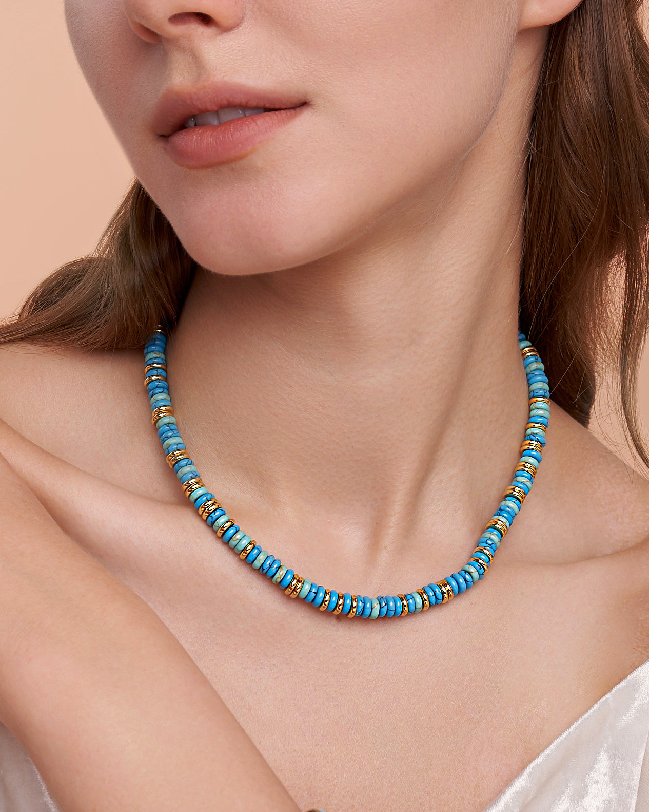 Gold Natural Stone Bead Necklace - Turquoise